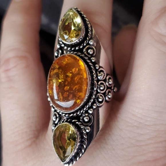 New Baltic Amber & Citrine 925 Silver Statement Ring. - Picture 5 of 16